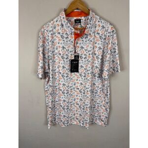 Deolax Mens XL Golf Polo Shirt‎ White Orange Beach Print Moisture Wicking NWT